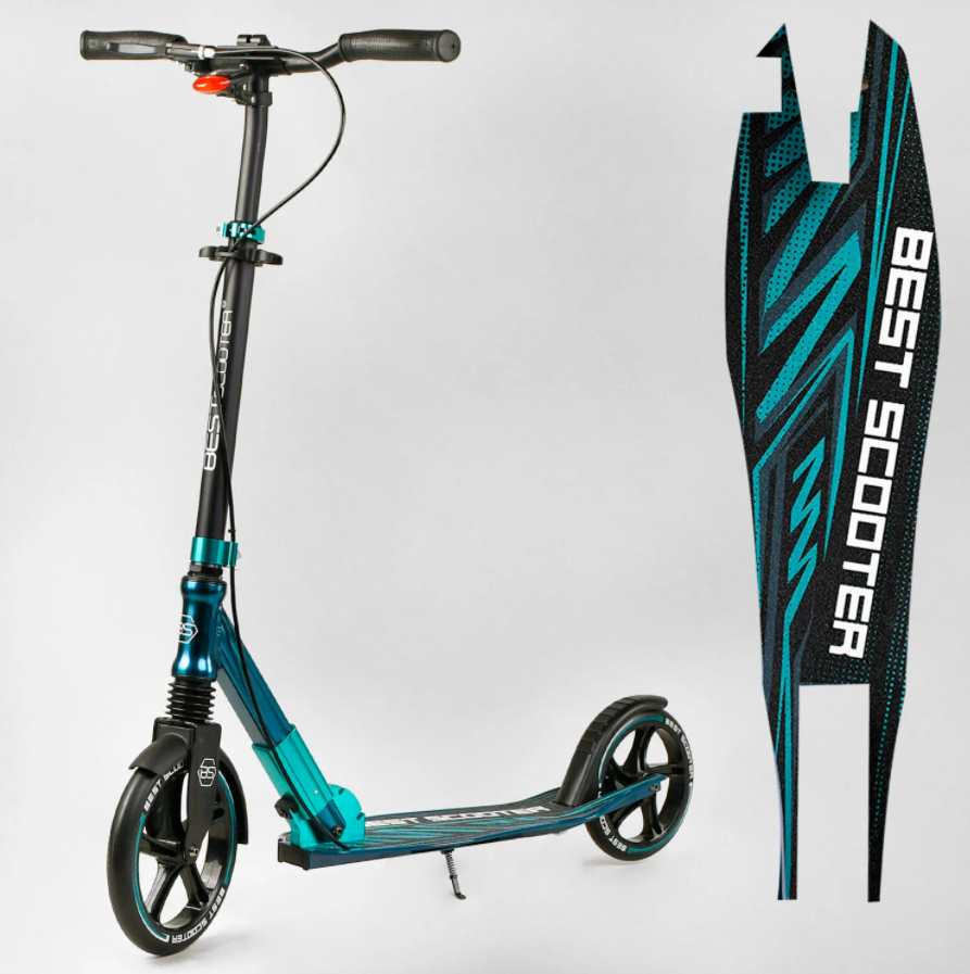 Самокат алюмінієвий двоколісний Best Scooter 43685 з фарою амортизатором і ручним гальмом зелений, фото 1