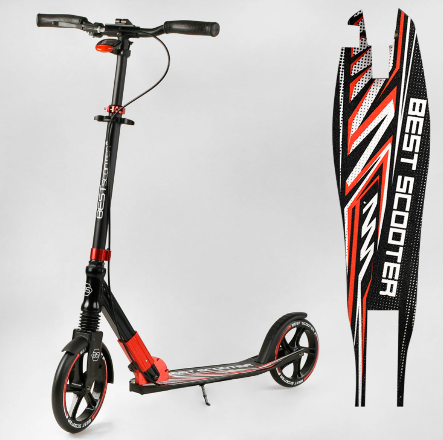 Алюмінієвий двоколісний самокат "Best Scooter" 10304 з амортизатором і фарою/чорно-червоний, фото 1