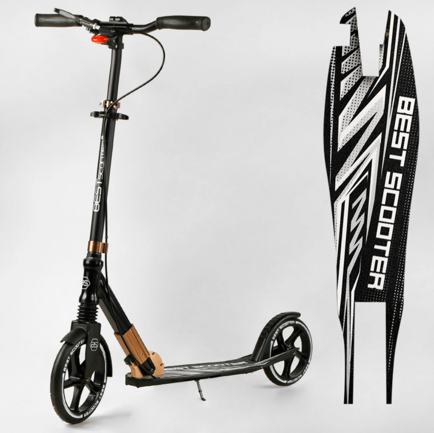 Алюмінієвий двоколісний самокат «Best Scooter» 14268 з амортизатором і фарою / чорно-золотий, фото 1
