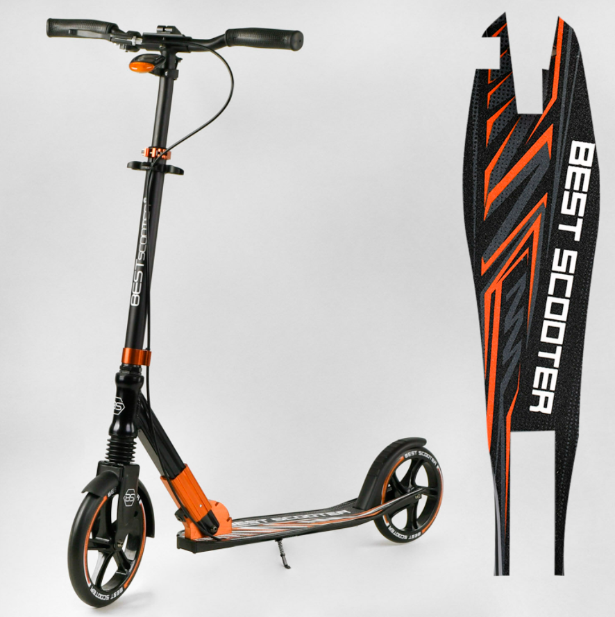 Алюмінієвий двоколісний самокат «Best Scooter» 79740 з амортизатором і фарою / чорно-помаранчевий, фото 1