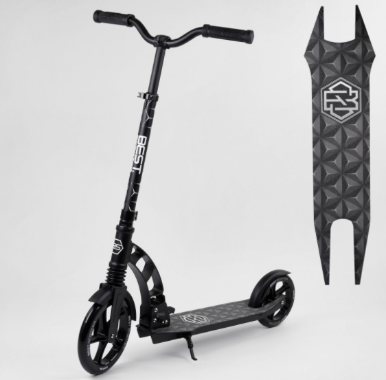 Складаний самокат двоколісний Best Scooter 47351 / колеса PU / 1 амортизатор / з підніжкою / чорний, фото 1