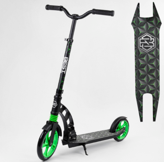 Складаний самокат двоколісний Best Scooter 62798/колеса PU/1 амортизатор/з підніжкою/чорно-зелений, фото 1