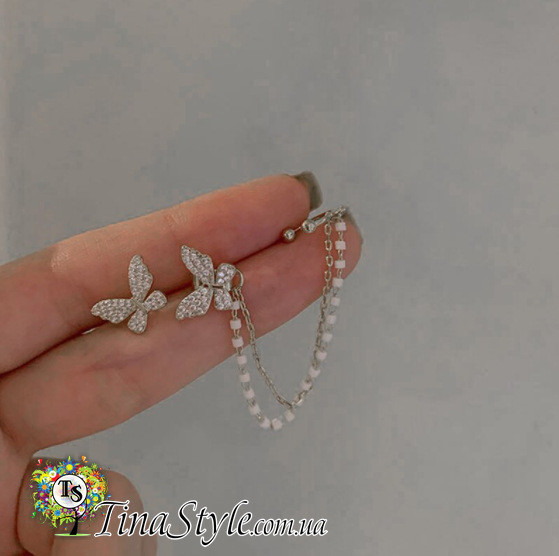 Сережки сережки кафф метелики кафа  кліпс каф на вухо ланцюг, фото 1