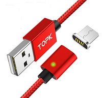 Кабель магнитный для зарядки телефона Topk MicroUSB Android 100см |2.4A| Красный