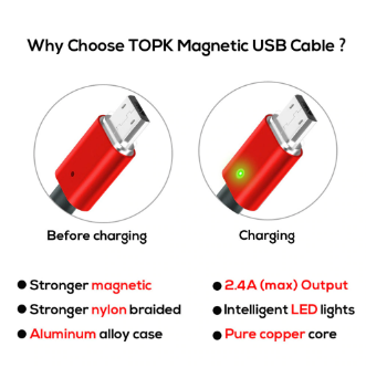 Кабель магнитный для зарядки телефона Topk MicroUSB Android 100см |2.4A| Красный - фото 5 - id-p1598035542