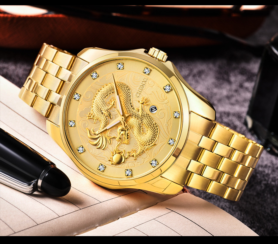 Классные Часы мужские наручные из нержавеющей стали водонепроницаемые Chenxi CX-8220 Золотой - фото 5 - id-p1598039007