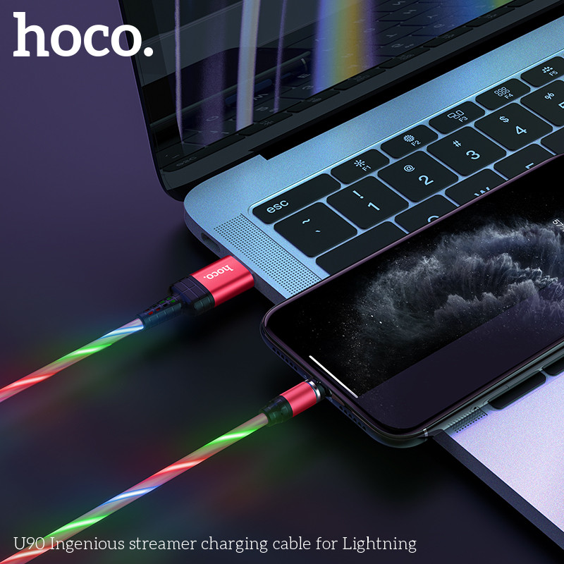 Кабель светящийся магнитный для зарядки телефона Led Lightning Apple iphone HOCO U90 100см |2A| Красный - фото 4 - id-p1598037560