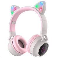 Беспроводные MP3 Наушники с Ушками с подсветкой с MicroSD накладные HOCO W27 Bluetooth Розово-Серый