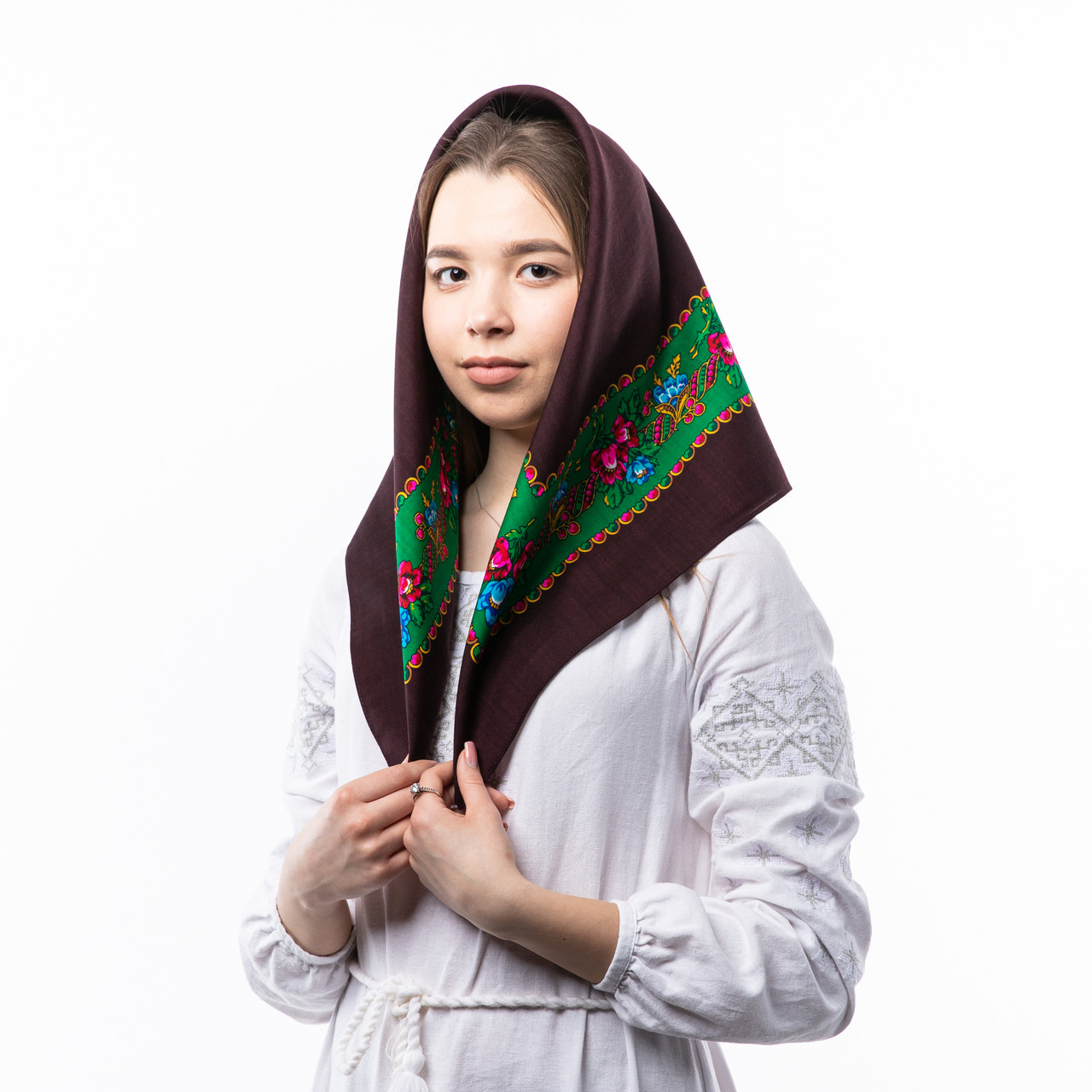 Японська вовняна хустка 75х75см Коричнева, фото 1