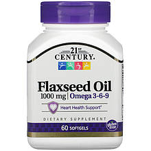 Лляна олія 21st Century "Flaxseed Oil" здоров'я серця, омега 3-6-9, 1000 мг (60 гелевих капсул)