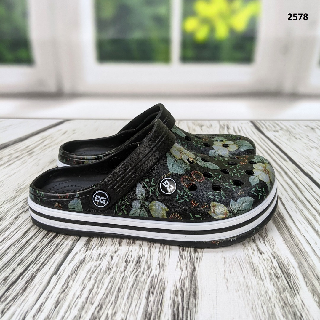 Сабо крокси жіночі чорні з візерунком Квіти Даго Стиль