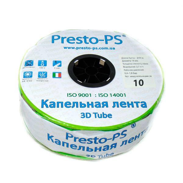 Капільна стрічка 16 мм, крок 10 см, толщ 0,18 мм, 1,38 л/ч, еміттерна, Presto-PS 3D Tube, (бухта 500 м)