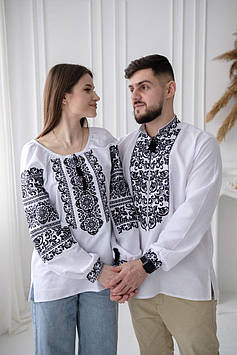 Вишиванки для пари білі, з великим візерунком чорного кольору, тканина - домоткане полотно