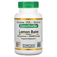 Меліса California GOLD Nutrition, EuroHerbs "Lemon Balm" лимонний бальзам, 500 мг (180 капсул)