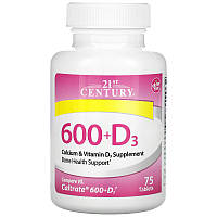 Кальций с витамином D3, 21st Century "Calcium Supplement 600 + D3" высокий уровень витамина D3 (75 таблеток)