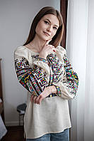 Современная вышиванка женская из льна с большым разноцветным орнаментом, широкой горловиной, ткань - лён
