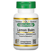 Меліса California GOLD Nutrition, EuroHerbs "Lemon Balm" лимонний бальзам, 500 мг (60 капсул)