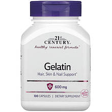 Желатин, 21st Century "Gelatin" 600 мг, позитивно впливає на стан волосся, шкіри та нігтів (100 капсул)