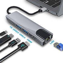 Мультипортовая док-станция BYL-2007 5 в 1 USB Type C - (PD/USD/HDMI/RJ-45) (6910), фото 3