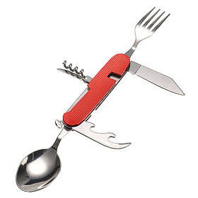 Туристический набор складной (мультитул) 6 в 1 (ложка, вилка, нож, открывалка, штопор) Red
