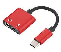 Переходник 2 в 1 USB Type C в 3.5mm Jack для зарядки и прослушивания музыки JBC042 Red (5397)