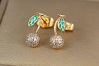 Серьги гвоздики Xuping Jewelry вишенка с зеленым листочком 1,5 см золотистые