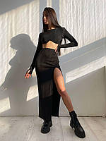 Стильный женский костюм в рубчик топ с чашками пуш ап и юбка миди с разрезом разные цвета Kb1437