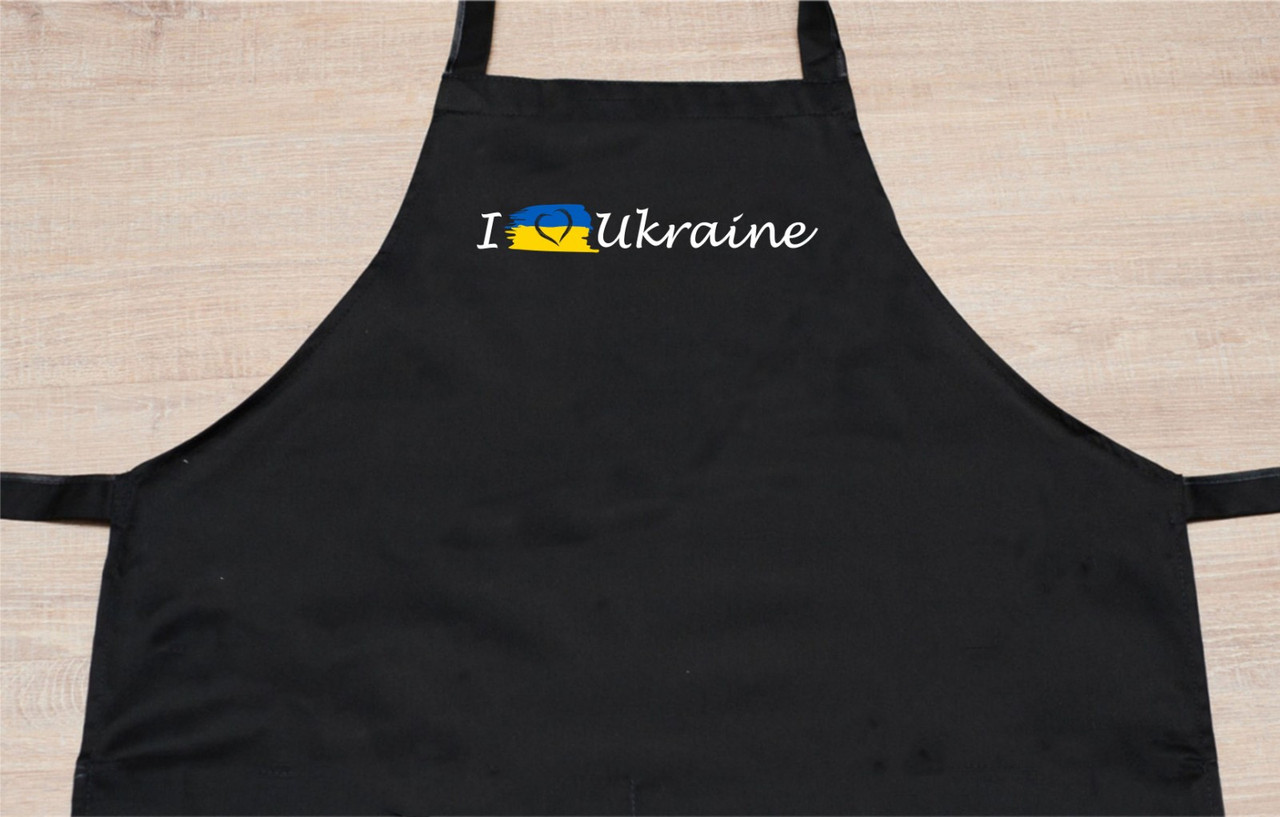 Фартук с нагрудником габардиновый черный с принтом "I love Ukraine" - фото 2 - id-p1598514212