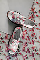 Кожаные белые женские туфли со шнурками на ПУ подошве с модным цветочным принтом Размер 36
