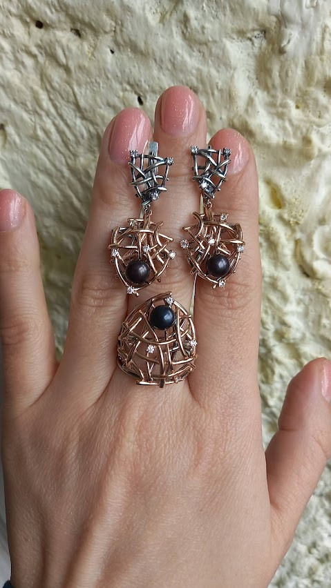 Срібний комплект із позолотою і чорною перлиною Бамбук, фото 1