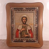 Икона Александр Невский святой Благоверный Князь, лик 15х18 см, в светлом деревянном киоте с камнями