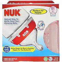 Набор бутылок NUK, Bottle with Perfect Fit Nipple, 0+ Months, Medium, Pink, 3 Wide-Neck Bottles, 300 ml
