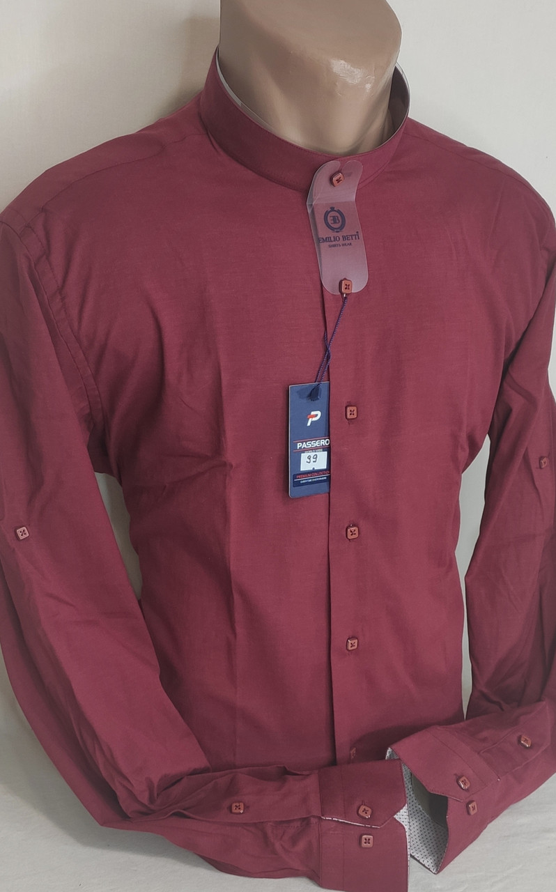 Сорочка чоловіча воріт стійка Passero vds-0039 бордова однотонна приталена Туреччина, стильна, ошатна