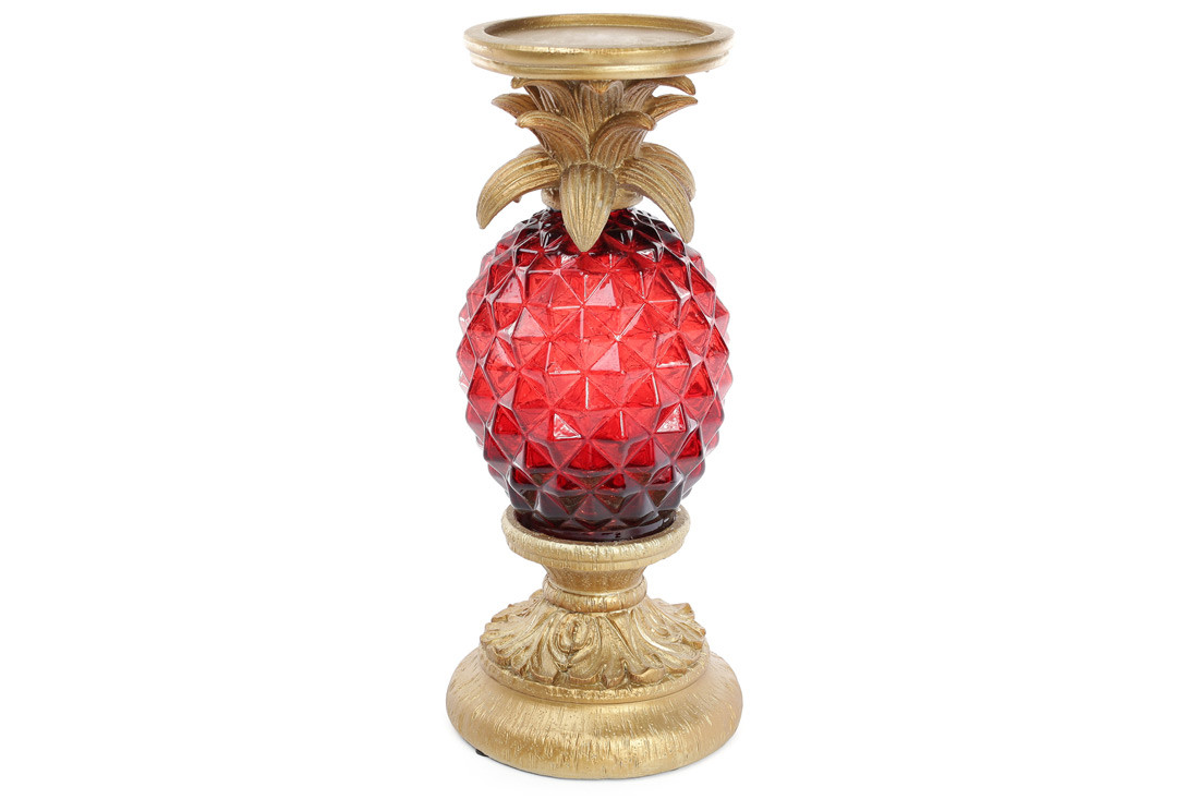 Свічник зі скляною вставкою і LED-підсвіткою Ананас, 32,5см, колір - червоний, золото, фото 1