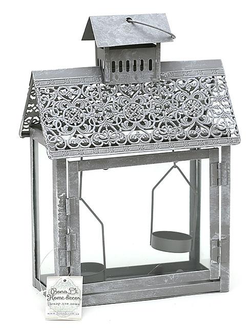 Ліхтарик на 2 свічки у формі Будиночка, 28см, колір - сірий, фото 1