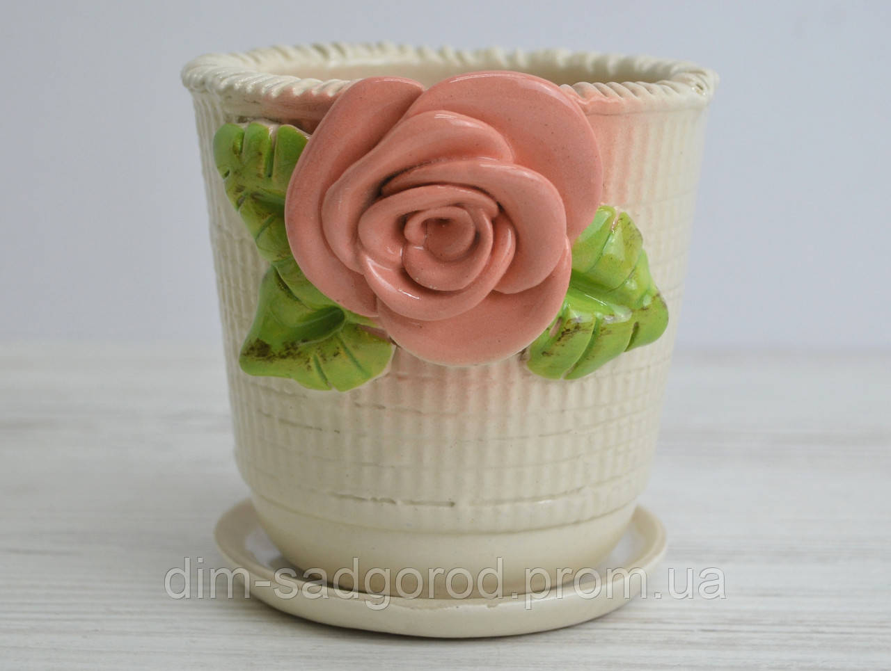 Горщик керамічний для квітів Вафл М білий рожеві троянди Н10см