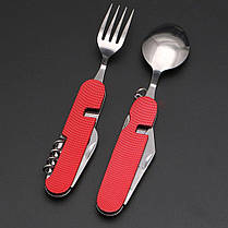 Туристичний набір складаний (мультитул) 6 в 1 (ложка, виделка, ніж, відкривачка, штопор) Red, фото 3