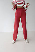 Теплые красные женские прямые брюки на резинке из хлопковой вязки (42 по 52)