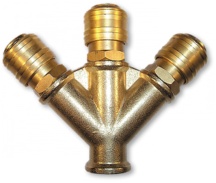 Трійник РВ 3/8" + 3 конектори пневматичних 
"мама", латунь, SP025