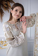 Красивая вышиванка женская из льна с большым орнаментом, широкой горловиной, ткань - лён