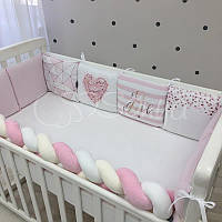 Бортики в детскую кроватку защита для новорожденных, подушечки с косой на 4 стороны Art Design розовая