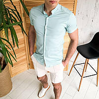 Рубашка мужская летняя с коротким рукавом Solid бирюзовая Мужская рубашка повседневная хлопковая ЛЮКС качества