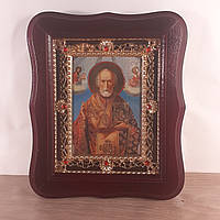Икона Святой Николай Чудотворец, лик 10х12 см, в темном деревянном киоте с камнями