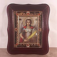 Ікона архістратиг Михайло, лик 10х12 см, у темному дерев'яному кіоті з камінням