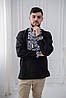 Стильна чорна чоловіча вишиванка з великим білим орнаментом, тканина - домоткане полотно, фото 3