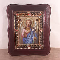 Ікона архангел Гавриїл, лик 10х12 см, у темному дерев'яному кіоті з камінням