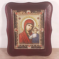 Икона Казанская Пресвятая Богородица, лик 10х12 см, в темном деревянном киоте с камнями