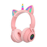 Беспроводные Bluetooth наушники STN-27 единорог кошачьи ушки с микрофоном и LED RGB подсветкой рожеві