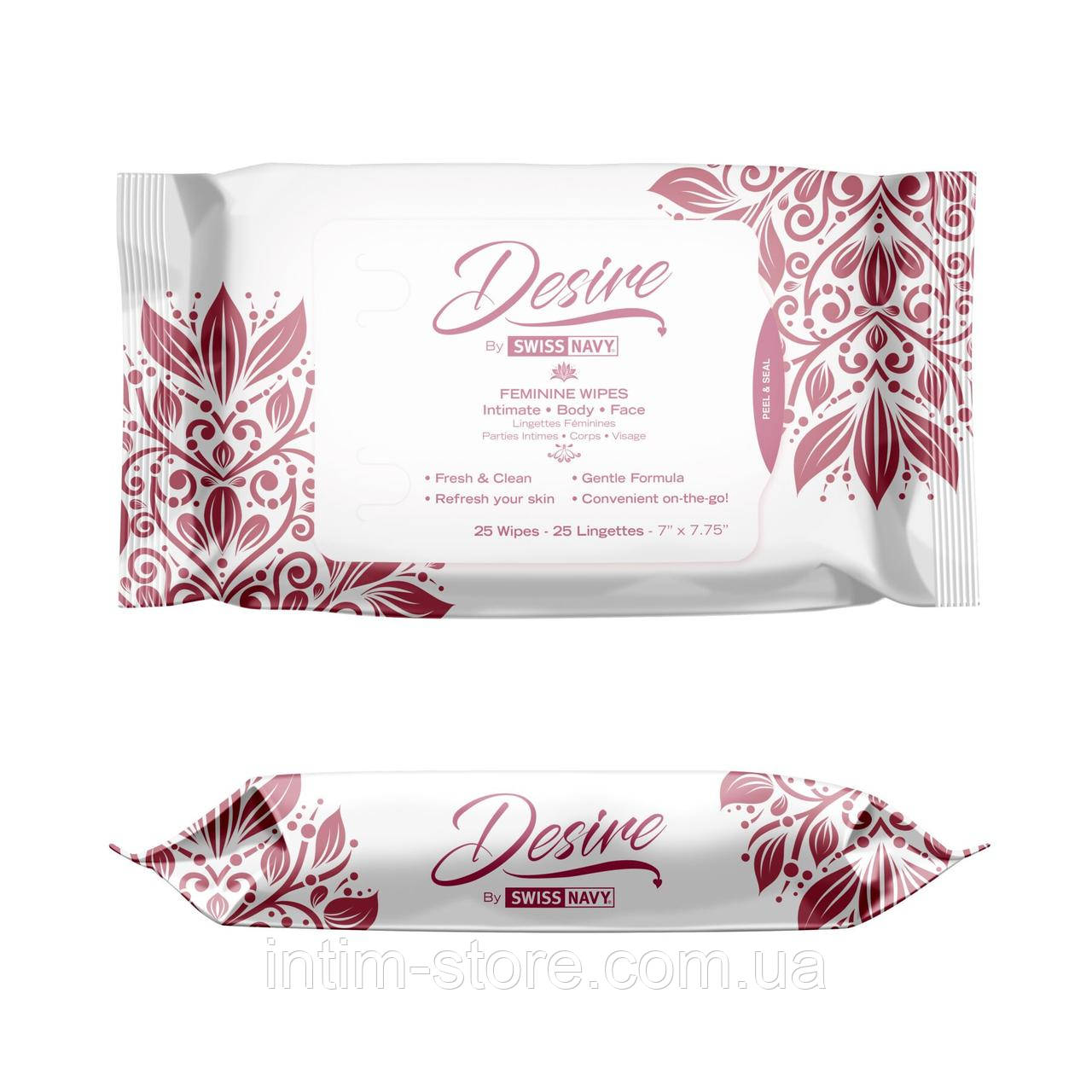 Жіночі очищувальні серветки для тіла та обличчя Desire by Swiss Navy Feminine Wipes 25 шт, фото 1