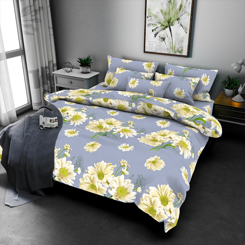 Тканина для постільної білизни Поліестер 75 PL1964 (60м) жовті квіти на сірому